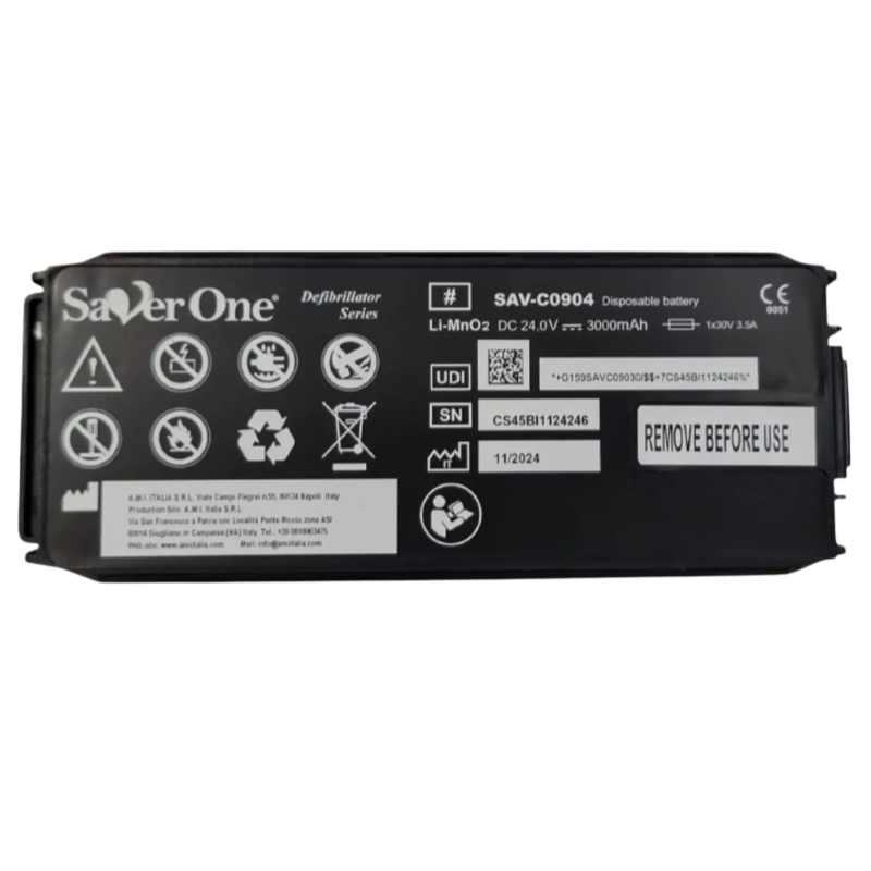 SAV-C0904 RHINO POWER LiMNo2 defibrillator battery, Saver One SAV-C0904 (formerly SAV-C0903), 24.0 volts, 3.0 amp-hours, 72 Wh
