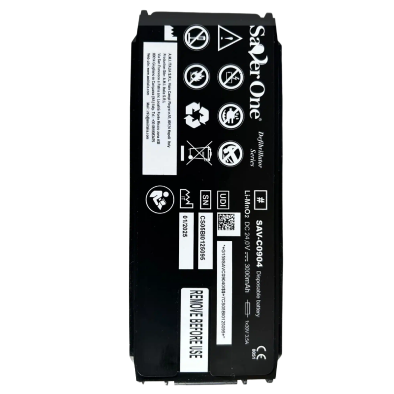 SAV-C0904 RHINO POWER LiMNo2 defibrillator battery, Saver One SAV-C0904 (formerly SAV-C0903), 24.0 volts, 3.0 amp-hours, 72 Wh